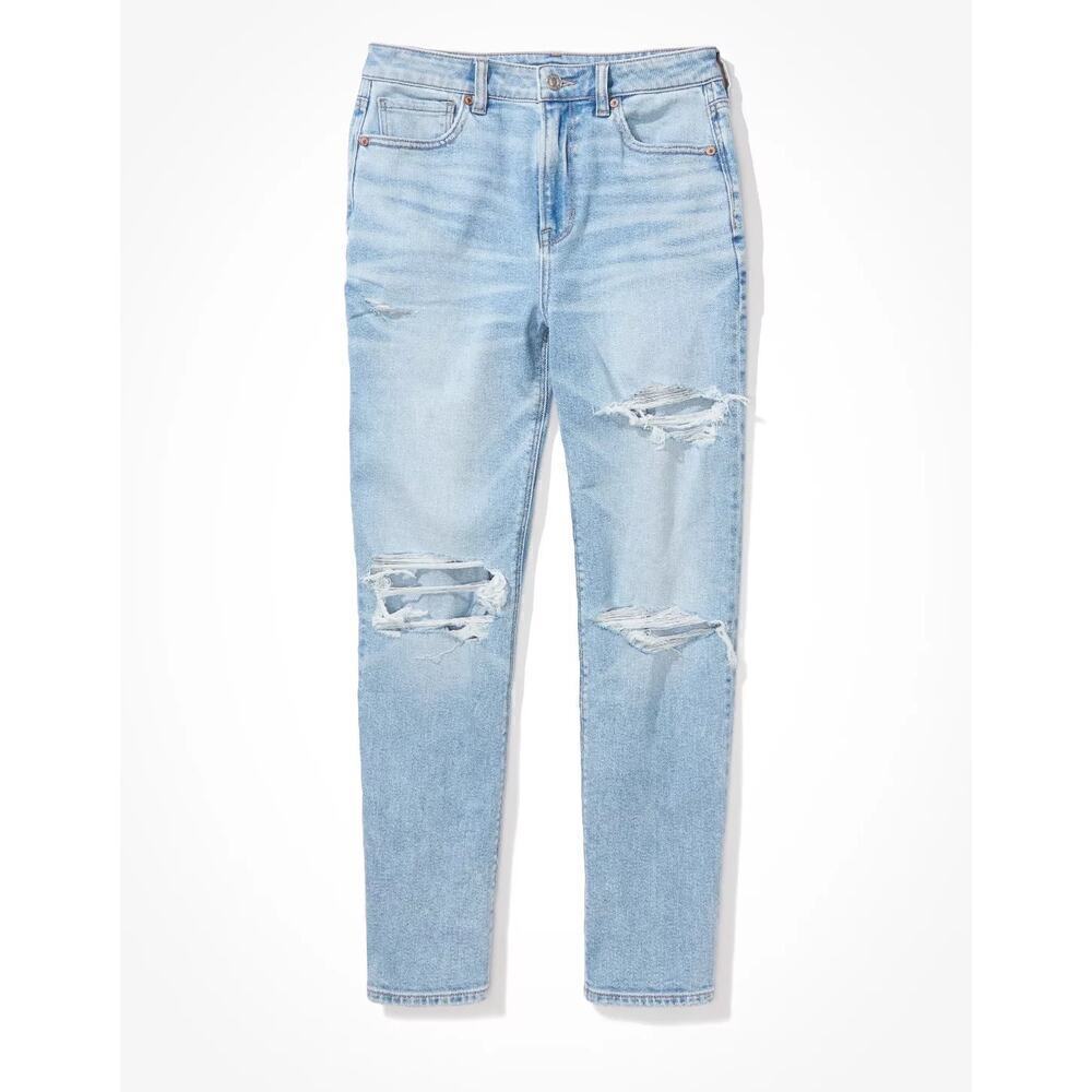 AMERICAN EAGLE Mom Straight Jeans High Waisted Distressed in Blue Women's Size 6